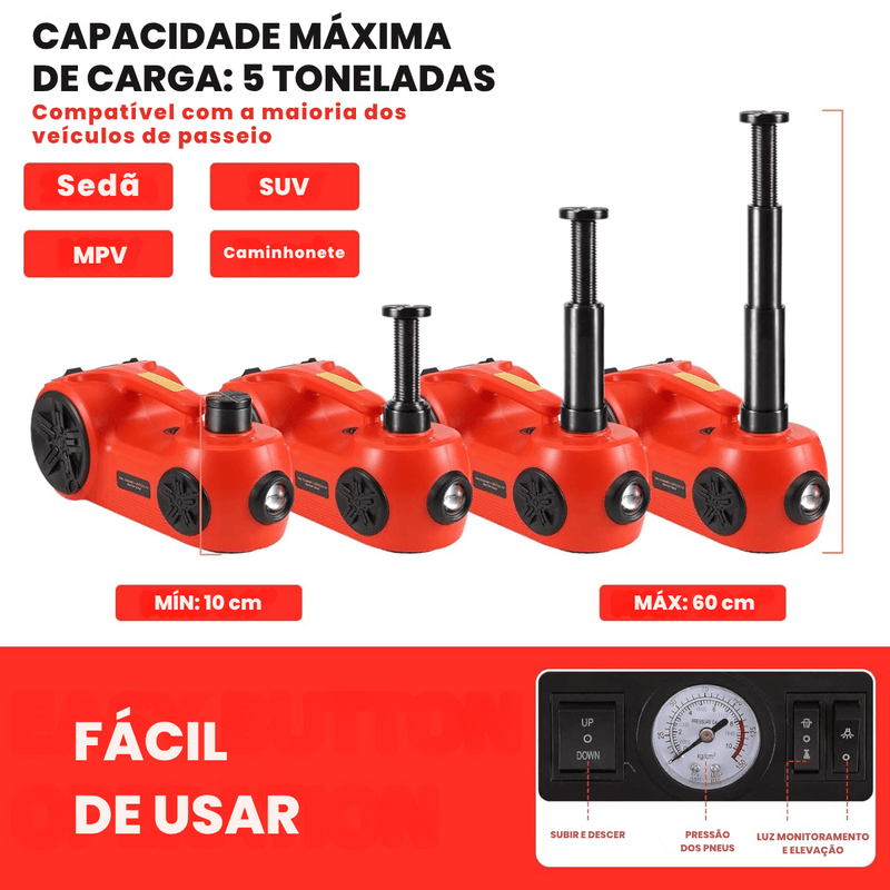 Kit de Macaco Elétrico Multifuncional 3 em 1 com Chave de Impacto, Compressor de Ar e Luz LED - LiftForce™ 5 Toneladas 12V